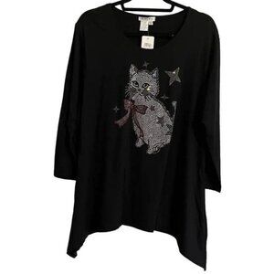 Gardy Shirt L Black Pullover Tunic Hi Lo Cat Rhinestone Holiday Festive Preppy
